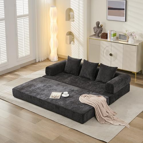 Convertible Folding Sofa Bed Modular Floor Couch, 78.8‘’ Cloud Sleeper Sofa with Removable Backrest, Chenille Foldable Mattress Couch, Lazy Loveseat for Small Space, Apartment, Bedroom, Black - color: #3-black