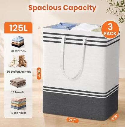 TranquilRelax 3-Pack Laundry Basket, Laundry Hamper, Grey-125L | Freestanding＆Water-Resistant Laundry Hamper, Collapsible Tall Clothes Hamper with Carry Handles for Clothes, Laundry Basket - color: Grey, size: 125L