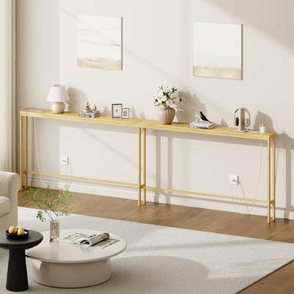 ELYKEN Bamboo 110.2'' Narrow Console Table, Long Sofa Table Behind Couch | Slim Entryway with Outlet, Skinny Hallway Table with Charging Station for Living Room, Foyer, Entrance, Natural - color: Natural, size: 5.9"D x 110.2"W x 31.5"H