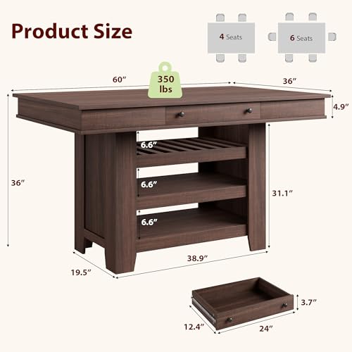 Farmhouse Dining Counter Height Table with Wine Rack & 3 Shelves, 36" Wooden Tall Dining Table with 2 Drawers, Thick Frame Counter Height Kitchen Table for Bar & Entertaining, Retro Brown - color: Retro Brown