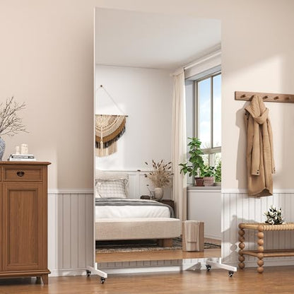 Hasipu 74.8" x 31.4" Full Length Floor Mirror on Wheels, White | Tempered glass, sturdy metal frame, smooth rolling casters, removable stand, ideal for gym, bedroom, dance studio & yoga. - size: 74.8"L x 31.4"W
