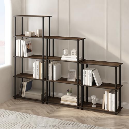 Furinno Turn-N-Tube Book Shelf, 5-Tier Bookshelf, Bookcase with Multipurpose Compact Display Rack, 11.6 x 23.6 x 57.4, for Living Room, Bedroom, Home Office, Columbia Walnut/Black - color: Columbia Walnut/Black, size: 5-Tier Round Tube