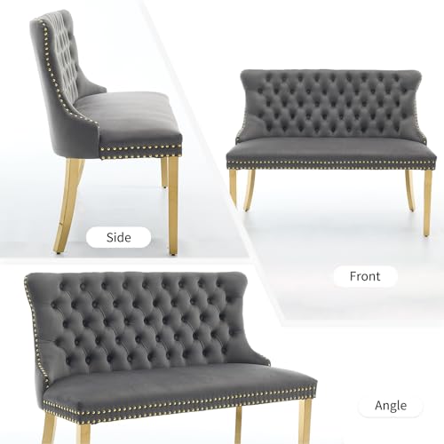 Grey Velvet Dining Bench with Back, Tufted Banquette Seating, Gold Legs | Upholstered loveseat bench; tufted back; nailhead trim; 500 lb capacity; foam and spring seat; dining room or entryway - color: Grey(gold Stainless Steel Legs)