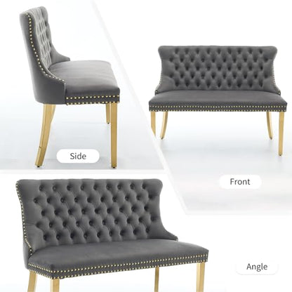 Grey Velvet Dining Bench with Back, Tufted Banquette Seating, Gold Legs | Upholstered loveseat bench; tufted back; nailhead trim; 500 lb capacity; foam and spring seat; dining room or entryway - color: Grey(gold Stainless Steel Legs)