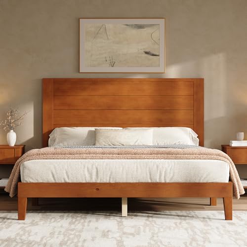 AMERLIFE Full Size Solid Wood Platform Bed with Mid Century Style, Brown | Solid Wood Frame, Mid Century Modern Design, Wood Slat Support, Brown Finish - color: Brown, size: Full