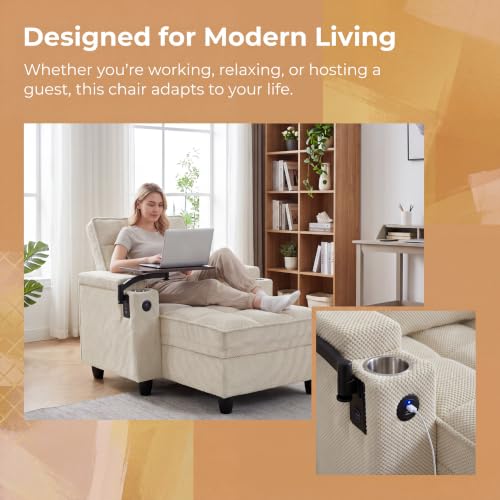 Convertible Sleeper Chair, Pull Out Sofa Bed with Adjustable Backrest & Hidden Storage Armrest, Single Sofa Recliner with USB Charging Port & Cup Holders for Living Room, Bedroom, Beige - color: C-beige-p8