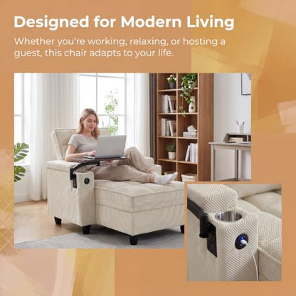 Convertible Sleeper Chair, Pull Out Sofa Bed with Adjustable Backrest & Hidden Storage Armrest, Single Sofa Recliner with USB Charging Port & Cup Holders for Living Room, Bedroom, Beige - color: C-beige-p8
