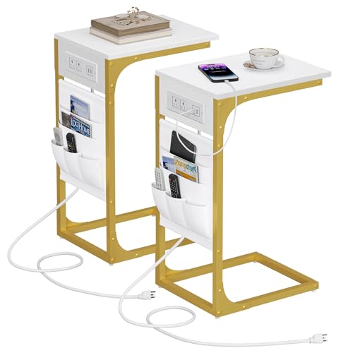 TUTOTAK C Shaped End Table with Charging Station, Side Table for Sofa | Couch Table with Storage Bag, TV Tray with 2 USB Ports and Outlets, Set of 2, Living Room and Bedroom, TB01BWG0242 - color: White and Gold, size: 2 Pack (11.8"W), style: With Plug