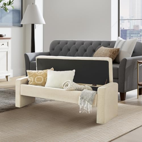 55" Modern Upholstered Storage Bench with Tufted Seat, Fabric Ottoman Bench for Bedroom, Entryway, or Living Room, Soft Close Hinge,Linen - color: Linen