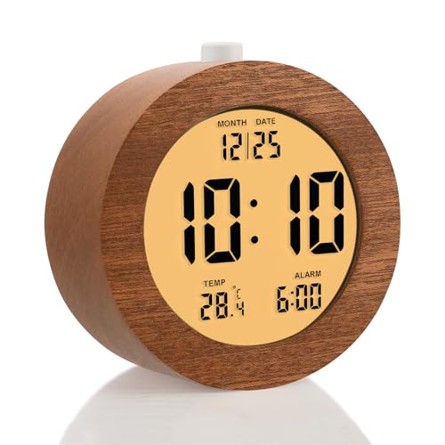 Plumeet Wooden Digital Alarm Clock for Bedrooms, Wood 4'' Battery Powered Alarm Clock with Snooze and Nightlight, Electronic LCD Desk Clock Display Time, Date, Temp, 12/24H, Wood Décor, Round, Sapele - color: Sapele, size: Round 4.1''
