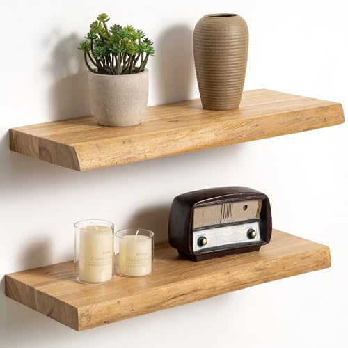 Fun Memories Solid Elm Wood Live Edge Floating Shelves for Wall, 20 x 8 Inch Rustic Wall Shelves Set of 2 with Invisible Brackets for Living Room Bedroom Kitchen, Natural - color: Natural Finish, size: 20", 2-Pack