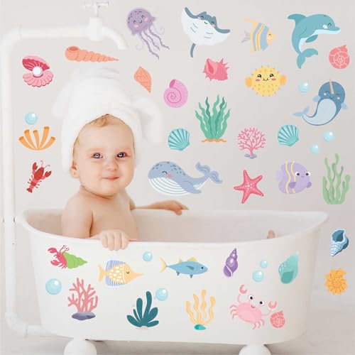 58Pcs Ocean Adventure Wall Stickers - Removable Under The Sea Nursery Decor, Peel & Stick Marine Animal Wall Decals for Kids' Bedroom & Playroom - color: Ocean