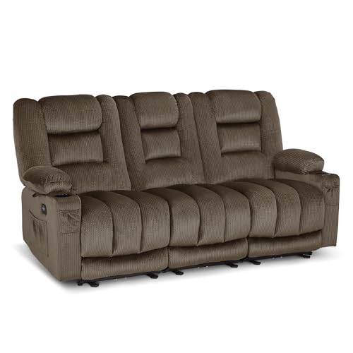 MCombo 82 in 3 Seater Reclining Sofa with Heat and Massage PR647 (Brown) | 155° Zero Gravity, Reclining Middle Seat, Dual Charging Ports, Cup Holders, FSC & OEKO Certified - color: Dark Brown, size: 3 Seater Recliner with Zero Gravity