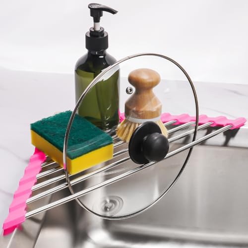 Tomorotec Triangle Roll Up Dish Drying Rack 304 Stainless Steel Rose | BPA-Free Food-Grade Silicone Edges Foldable Waterproof Rustproof Heavy-Duty Space Saver Heat Resistant to 550°F - color: Rose
