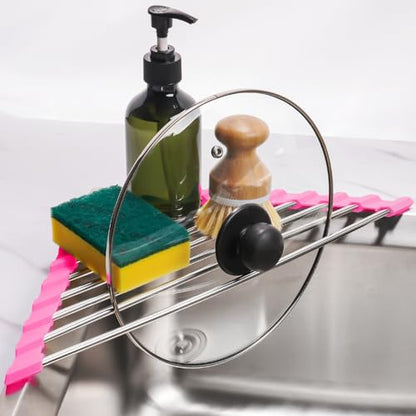 Tomorotec Triangle Roll Up Dish Drying Rack 304 Stainless Steel Rose | BPA-Free Food-Grade Silicone Edges Foldable Waterproof Rustproof Heavy-Duty Space Saver Heat Resistant to 550°F - color: Rose