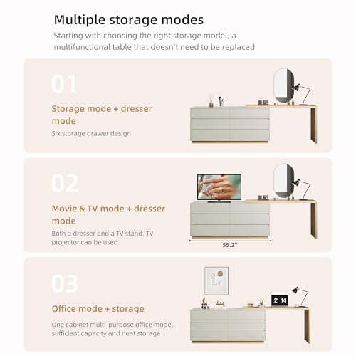 Modern Expandable L-Shaped Vanity Desk with 6 Drawers, Adjustable Computer Table for Home Office, Study, Writing, Gaming, and Bedroom Makeup, Beige, 56-98.5 ″