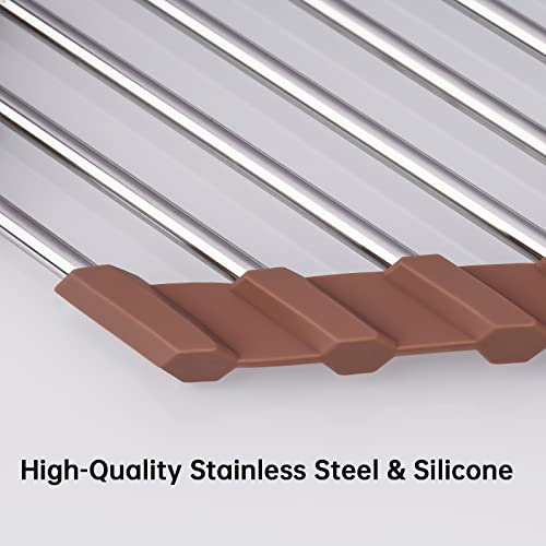 Tomorotec Triangle Roll-Up Dish Drying Rack for Sink Corner Small Foldable Stainless Steel Over The Sink Multipurpose Kitchen Drainer Caddy Trivet Rustproof Storage Shelf (Chocolate Brown) | BPA-Free Food-Grade Silicone Edges Foldable Waterproof Rustproof