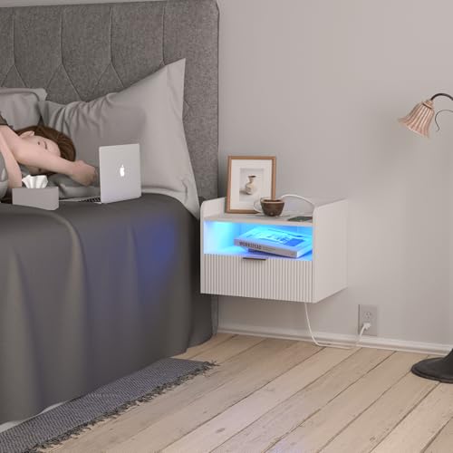 Veegle White Floating Nightstand with Charging Station and LED Lights (White) - color: White