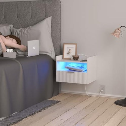 Veegle White Floating Nightstand with Charging Station and LED Lights (White) - color: White