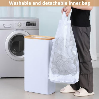 IEGrow Laundry Hamper with Lid,60L Laundry Basket with Mesh Bags,White | Dirty Clothes Hamper Basket with Bamboo Handle for Clothes Towels - color: White, size: 60L