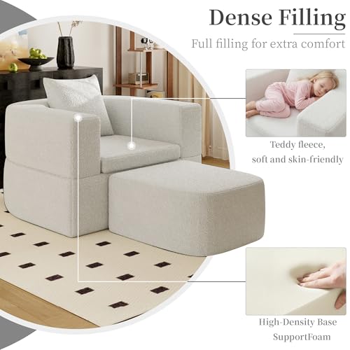 40" Pull Out Couch,2 in 1 Sleeper Sofa Bed,Convertible Sleeper Chair with Pillow Foldable Mattress with Back Support,Teddy Fleece,White - color: White