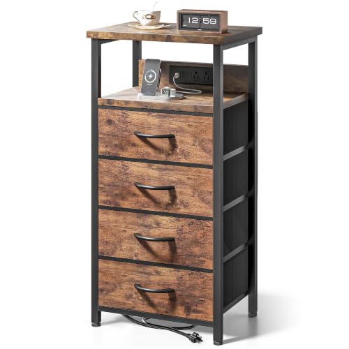 Lazzanto Night Stand with Charger Station, 4 Fabric Drawers, Brown | Nightstand, Bedside Table, Open Shelf, Built in USB-A, USB-C Port & AC Outlets, For Bedroom, Dorm, Living Room - color: Rustic Brown, size: 4 Drawers