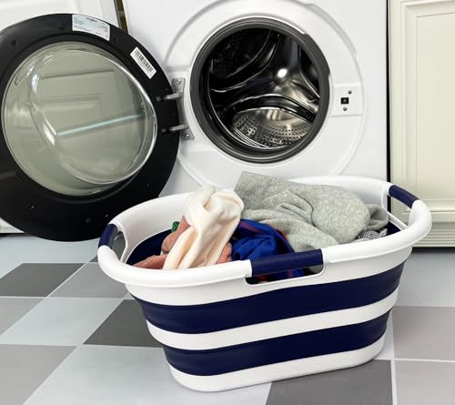 SAMMART 40L (10.5 gallon) Collapsible Plastic Laundry Hamper - Foldable Pop Up Storage Container/Organizer - Portable Washing Tub - Space Saving Basket (1, White/Starry Blue) - color: White/Starry Blue
