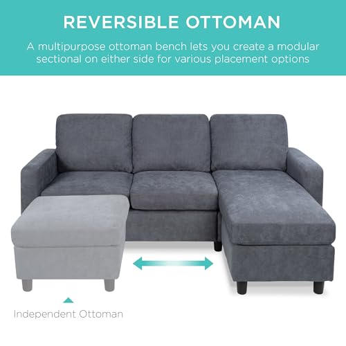 Best Choice Products Upholstered Sectional Sofa for Home, Apartment, Dorm, Bonus Room, Compact Spaces w/Chaise Lounge, 3-Seat, L-Shape Design, Reversible Ottoman Bench, 680lb Capacity - Blue/Gray - color: Linen - Blue/Gray