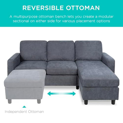 Best Choice Products Upholstered Sectional Sofa for Home, Apartment, Dorm, Bonus Room, Compact Spaces w/Chaise Lounge, 3-Seat, L-Shape Design, Reversible Ottoman Bench, 680lb Capacity - Blue/Gray - color: Linen - Blue/Gray