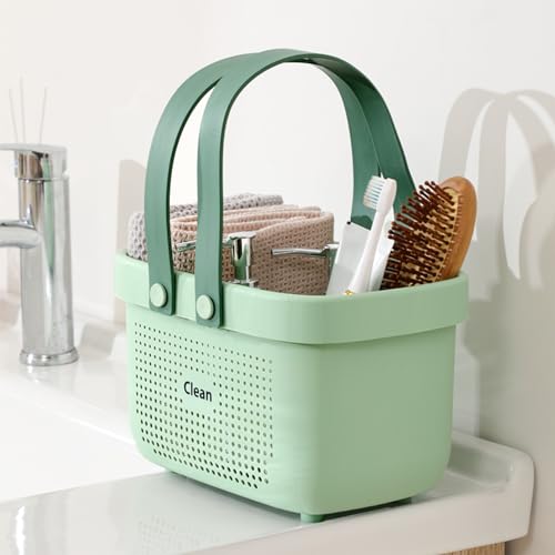 Portable Shower Caddy Basket with Handle Plastic Storage Basket Small Green | Sturdy Drainage Large Capacity Organizer Basket with Silicone Handles for Bathroom Kitchen Bedroom College Dorm Essentials - color: Green, size: Small