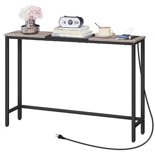 HOOBRO Narrow Console Table with Power Outlets, 44.9 Inches Sofa Table, Slim Behind Couch Table, Entryway Table with Display Shelf, for Living Room, Foyer, Hallway, Greige and Black BG114UXG01 - color: Greige + Black