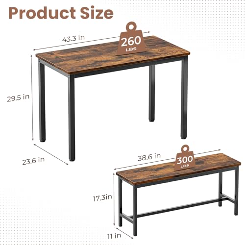 Dining Table Set for 4, Kitchen Table with 2 Benchs, Brown | Modern Functional 3 Piece Space-Saving Dining Room Table Set for Apartment, Breakfast Nook, Small Space - color: Brown