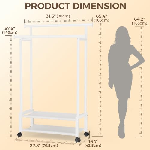 Double Rod Clothing Rack with 2 Shelves, Rolling, White | All tools included, metal frame, 4 casters with 2 locking, for bedroom, laundry, and entryway - color: White