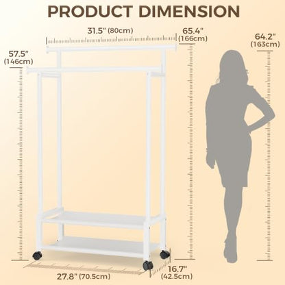 Double Rod Clothing Rack with 2 Shelves, Rolling, White | All tools included, metal frame, 4 casters with 2 locking, for bedroom, laundry, and entryway - color: White