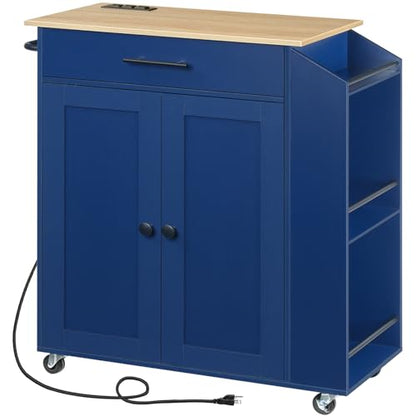 HOOBRO Kitchen Island with Power Outlet, Kitchen Storage Island with Spice Rack and Drawer, Rolling Kitchen on Wheels, for Home, Dining Room, Natural and Blue UN82UZD01G1 - color: Natural + Blue