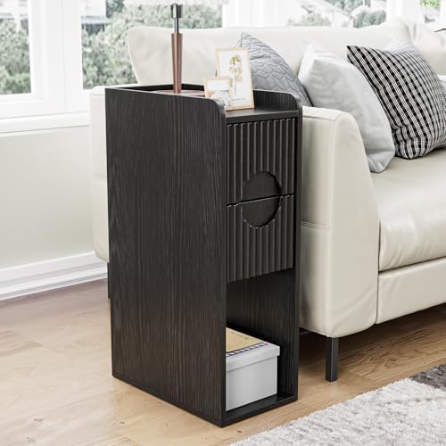Black Night Stand Set of 2, Narrow Nightstand with Drawers, Small Bedside Table, Skinny Bed Side Table, Modern Nightstand for Bedroom, Living Room, Wood, Fluted, Black - color: Black-2 Pcs