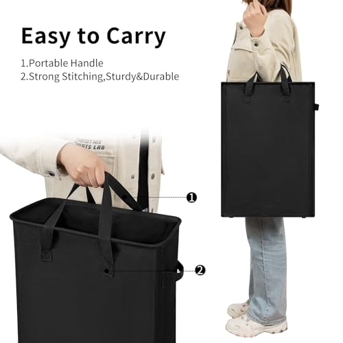 Narrow Laundry Hamper, Skinny Laundry Basket, 45L Black, 24" | Slim Laundry hamper for Small Spaces laundry bag with handle, Foldable clothes hampers for laundry basket organizer - color: Black (With Handles)