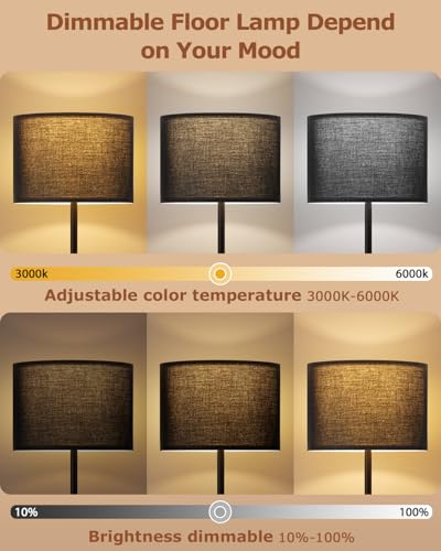 Dimmable Floor Lamp for Living Room with Remote, 9W 900LM LED Bulb Included, Black Shade Black Pole - color: black & soft black