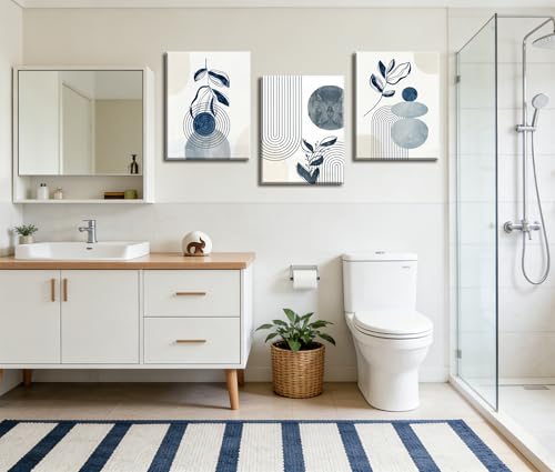 Frimeeme Blue Bohemain Framed Canvas Wall Art Set of 3,Abstract Geometric Line Wall Painting for Bedroom Bathroom, 12"x16" Inches,Framed - color: Framed - Blue Boho Canvas Wall Art, size: 12"L x 16"W x 3Pieces