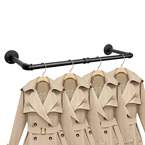 Industrial Iron Pipe Clothes Hanging Bar DIY Wall-Mounted Garment Rack Heavy Duty Clothing Rack for Bedroom, Laundry Room, Closet Storage (Black 28 inch) - color: Black, size: 28 Inch