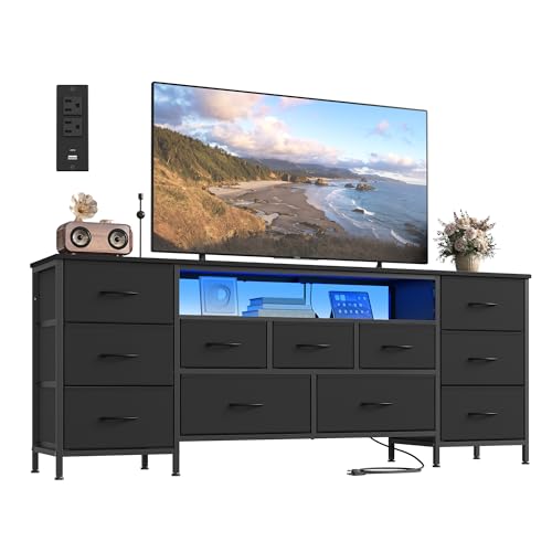 SONGMICS BELLAH Collection - TV Stand for TVs Up to 70 Inches, Dresser for Bedroom, Living Room, Chest of Drawers, Steel, 11 Drawers and Shelf, Modern, Ink Black ULGS043B101S - color: Ink Black, size: 13.8"D x 68.4"W x 26.8"H (11 Drawers)