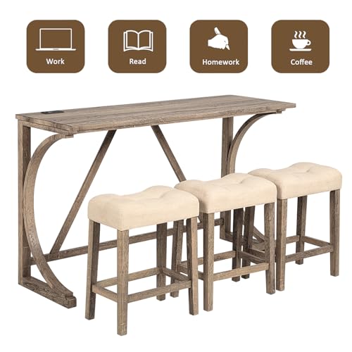 59" Counter Height Bar Table Set with Power Outlet, Industrial Breakfast Table with 3 Padded Stools, 4 Piece Bar Table and Chairs Set for Living Room, Dining Room, Brown - color: O-brown