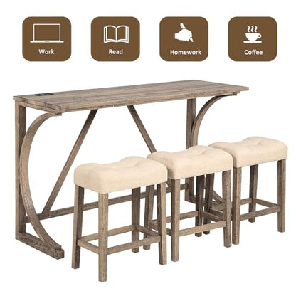 59" Counter Height Bar Table Set with Power Outlet, Industrial Breakfast Table with 3 Padded Stools, 4 Piece Bar Table and Chairs Set for Living Room, Dining Room, Brown - color: O-brown