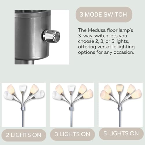 LIGHTACCENTS Medusa 5-Light Floor Lamp – Silver Multi-Head Standing Lamp w/ 5 Adjustable White Acrylic Shades for Bedroom, Living Room, Office, Requires E12 Candelabra-Base LED Bulbs