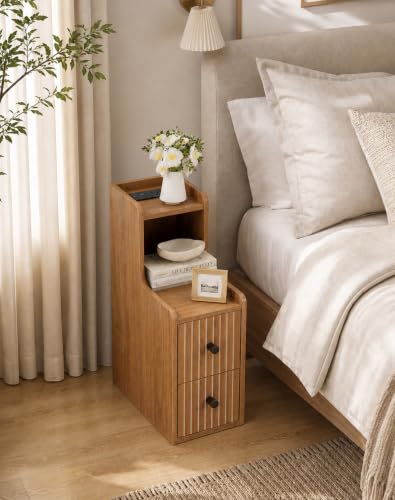 Narrow Nightstand Set of 2 with Charging Station for Small Bedroom | Open Shelf and 2 Drawers, For Small Space, Living Room, Bedroom or Sofa Side Use, Wood Grain Look, Raised Tray Top