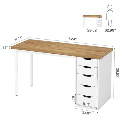 Tribesigns Computer Desk with 5 Drawers, 47 inches Rustic Brown Home Office Desk with Storage, Modern Simple Laptop Desk Study Writing Table for Small Spaces (1, Walnut+White) - color: Walnut+white