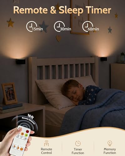 LED Wall Mounted Lights, Rechargeable Wall Sconces, 3 Color Temps, Remote & Touch, 360° Rotating and Dimmable for Bedroom, Bedside & Reading (Black, 2 Pack) - color: Black