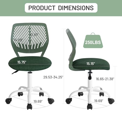 FurnitureR Kids Swivel Desk Chair, Height-Adjustable Armless Study Chair with Fabric Cushion & Ventilated Backrest, Smooth-Rolling Task Chair for Children & Teens, Perfect, Green - color: Green