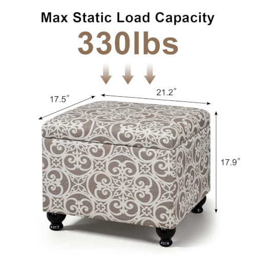 Adeco Storage Ottoman Damask Scrollwork 21" Linen Upholstered Foot Rest Stool with Hinged Lid, Heavy-Duty 360 lbs Support, Space-Saving Seat & Storage for Living Room, Bedroom, Entryway - color: Damask Scrollwork