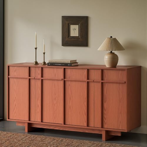 63" Sideboard Buffet Cabinet, Skeleton Lines Design, Cherry | Mid Century Modern Accent Cabinet with Wood Gain Texture, Media Console, Credenza Storage for Living Dining Room Entryway - color: Cherry, size: 4 Door